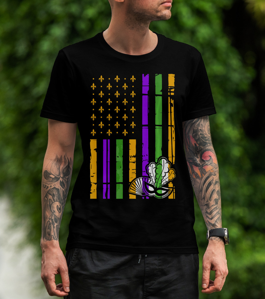 US Mardi Gras Celebration Flag Fleur De Lis Mask T-Shirt