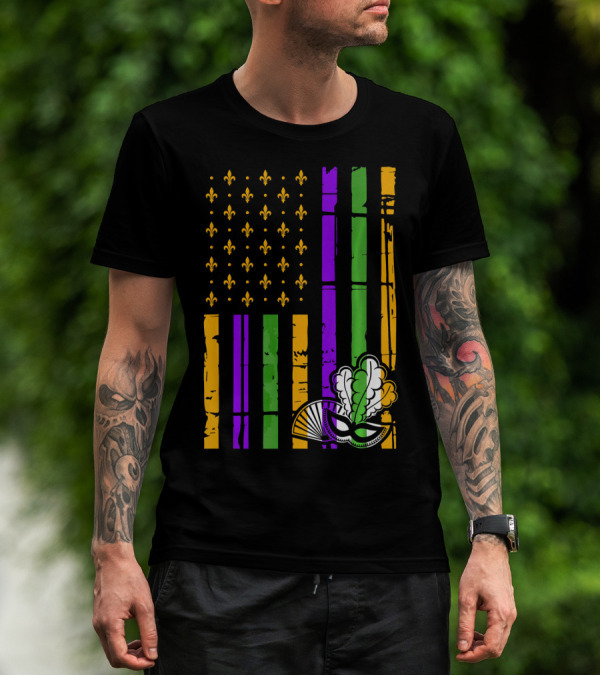 US Mardi Gras Celebration Flag Fleur De Lis Mask T-Shirt