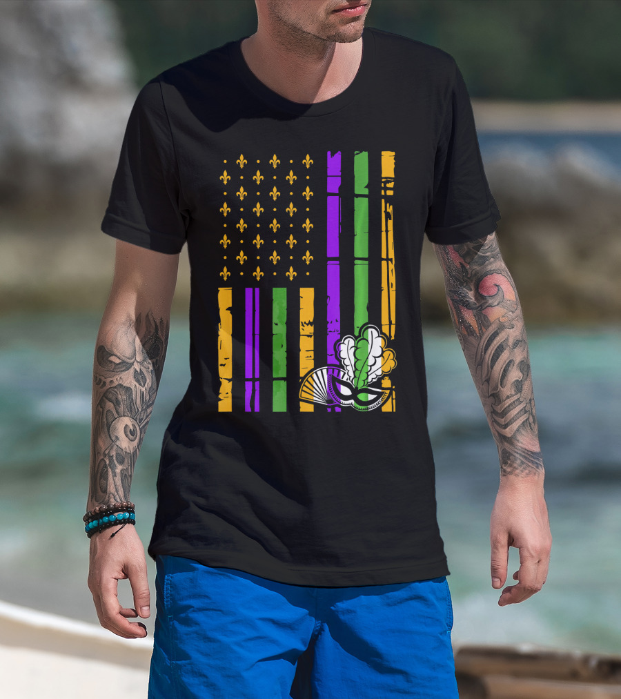 US Mardi Gras Celebration Flag Fleur De Lis Mask T-Shirt