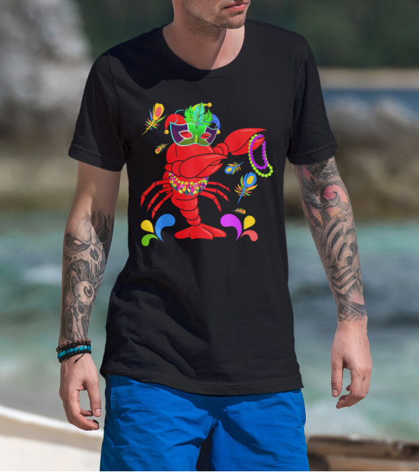 Lobster Dabbing Mardi Gras Feather Bead Jester Hat T-Shirt