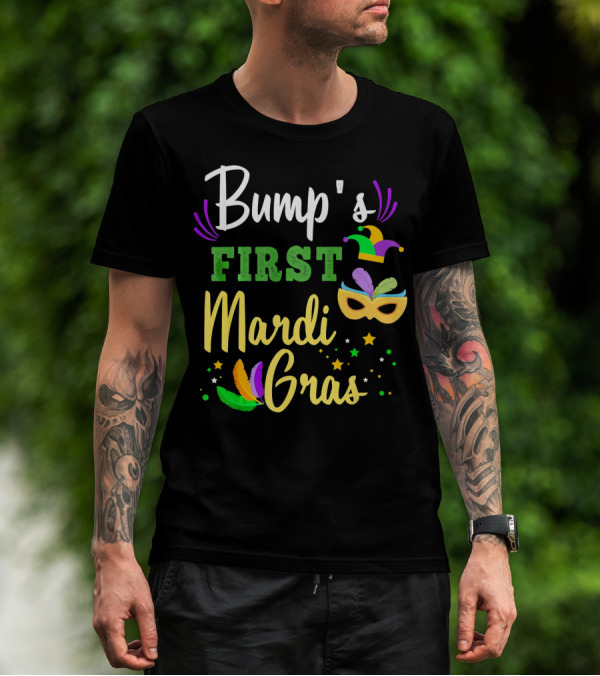 Bump's First Mardi Gras Jester Hat Mask Feathers Stars T-Shirt