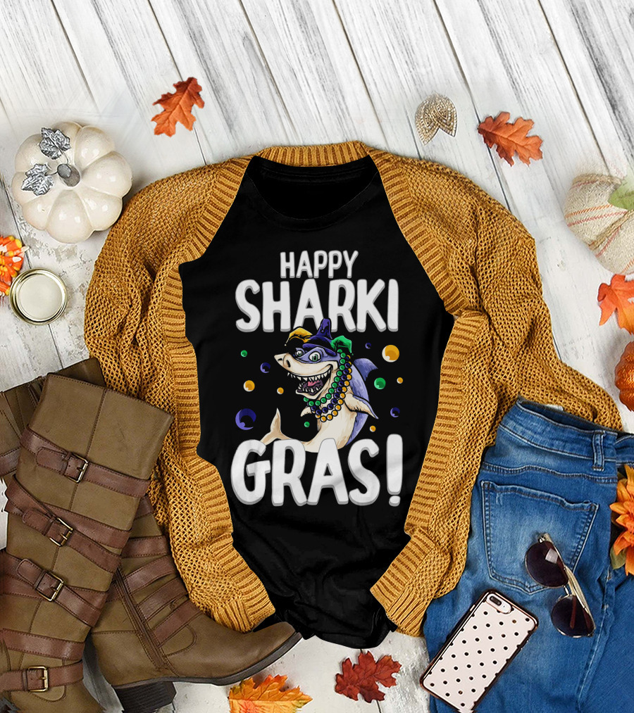 Happy Sharki Gras Funny Mardi Gras Shark with Beads and Jester Hat T-Shirt