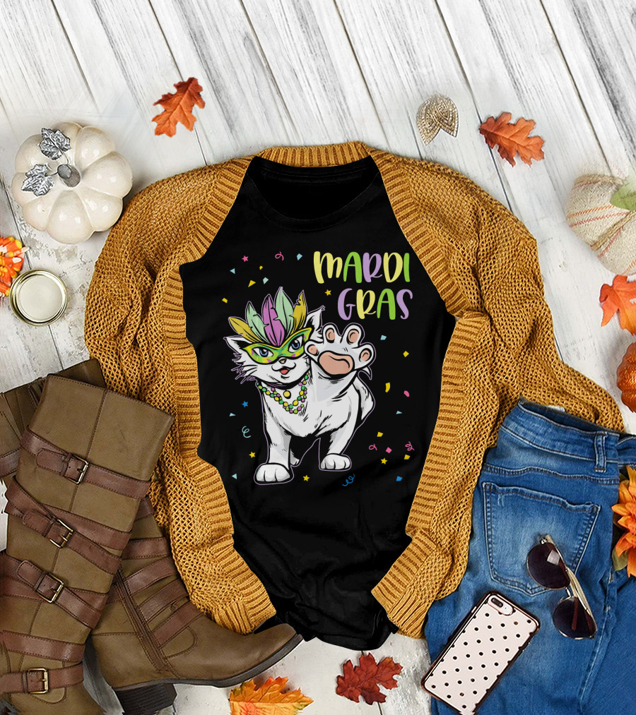 Mardi Gras Masked Cat Dancing with Beads and Confetti T-Shirt