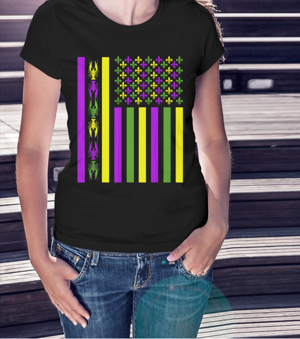American Flag Mardi Gras Fleur De Lis Crawfish Stripes T-Shirt