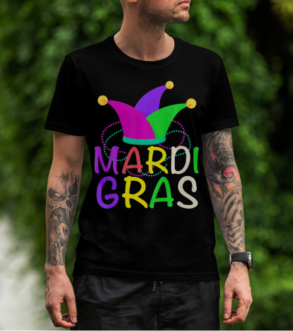 Mardi Gras Jester Hat Colorful Beads T-Shirt
