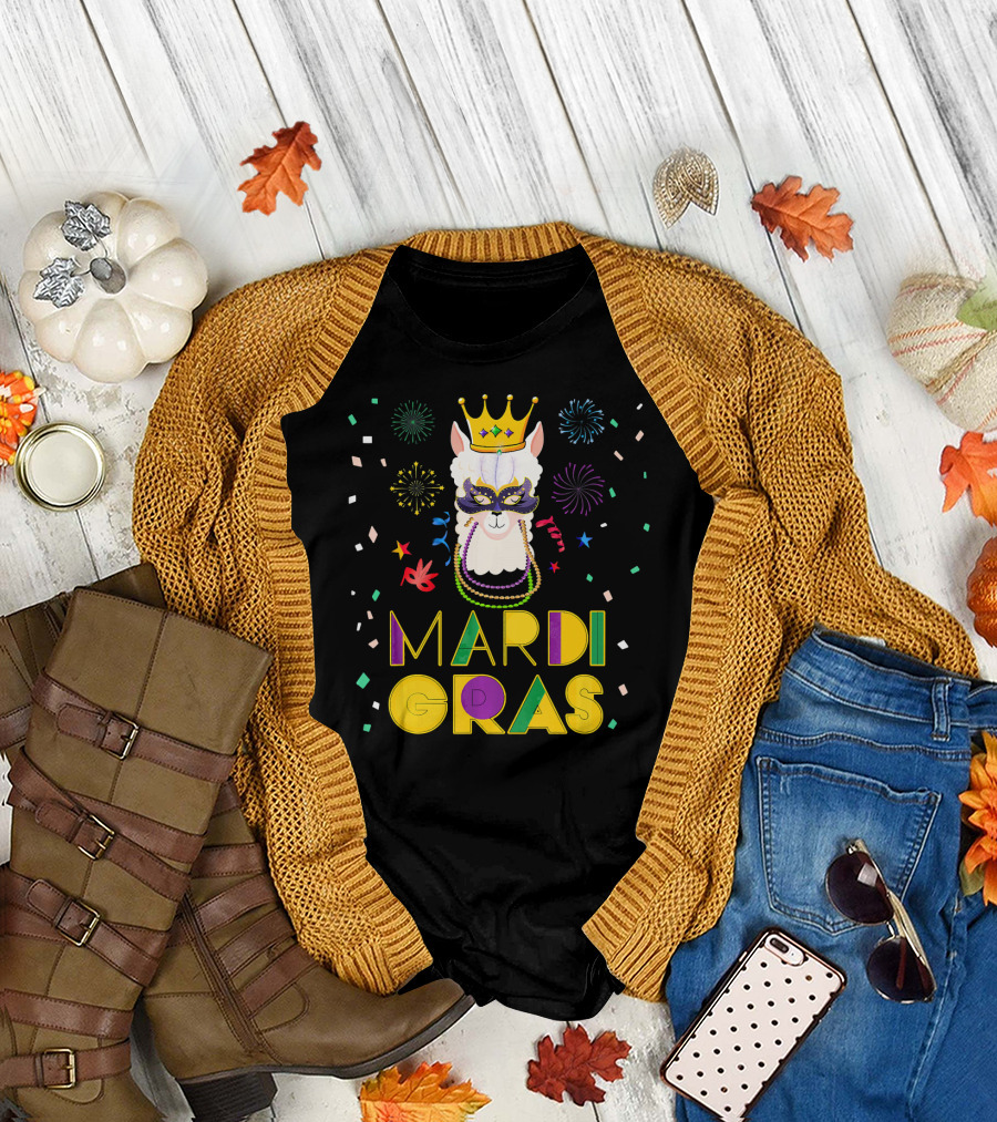 Mardi Gras Llama Alpaca Crowns Beads Fun Mask Fireworks T-Shirt