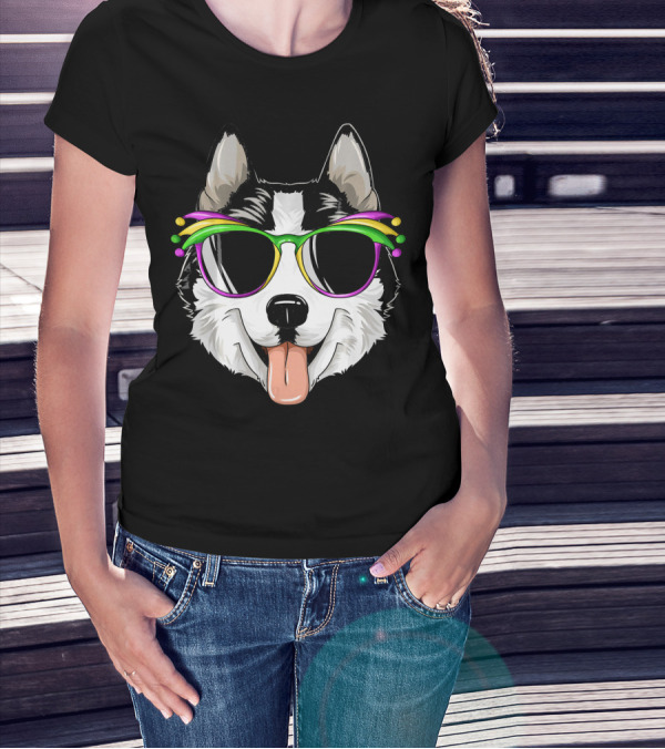 Husky Mardi Gras Carnival Mask Sunglasses Dog T-Shirt