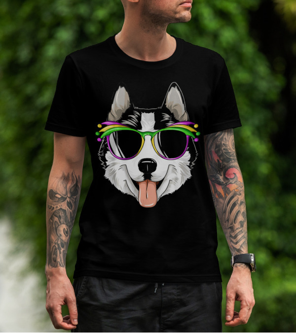 Husky Mardi Gras Carnival Mask Sunglasses Dog T-Shirt