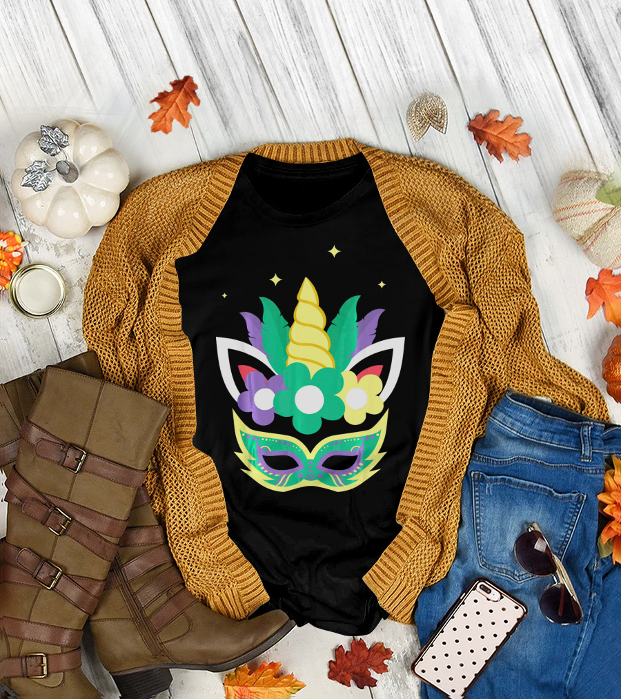 Unicorn Mardi Gras Mask with Flowers and Stars T-Shirt