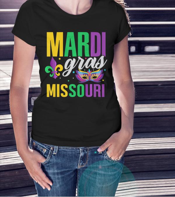 Mardi Gras Missouri Parade Beads Fleur-de-Lis Mask T-Shirt