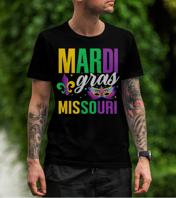 Mardi Gras Missouri Parade Beads Fleur-de-Lis Mask T-Shirt