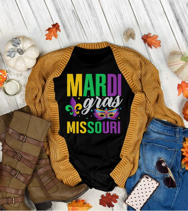 Mardi Gras Missouri Parade Beads Fleur-de-Lis Mask T-Shirt