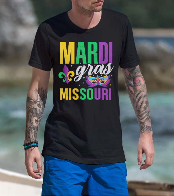 Mardi Gras Missouri Parade Beads Fleur-de-Lis Mask T-Shirt