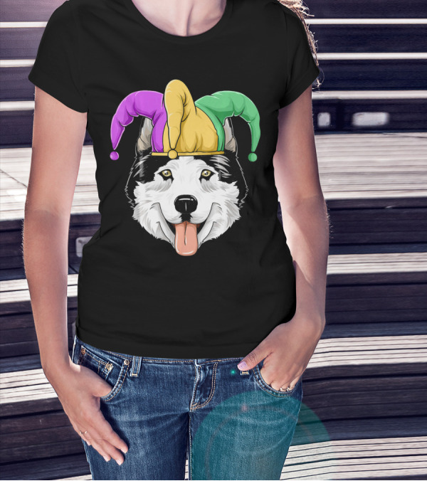 Mardi Gras Husky With Carnival Jester Hat T-Shirt