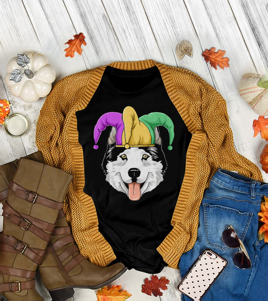 Mardi Gras Husky with Carnival Jester Hat T-Shirt