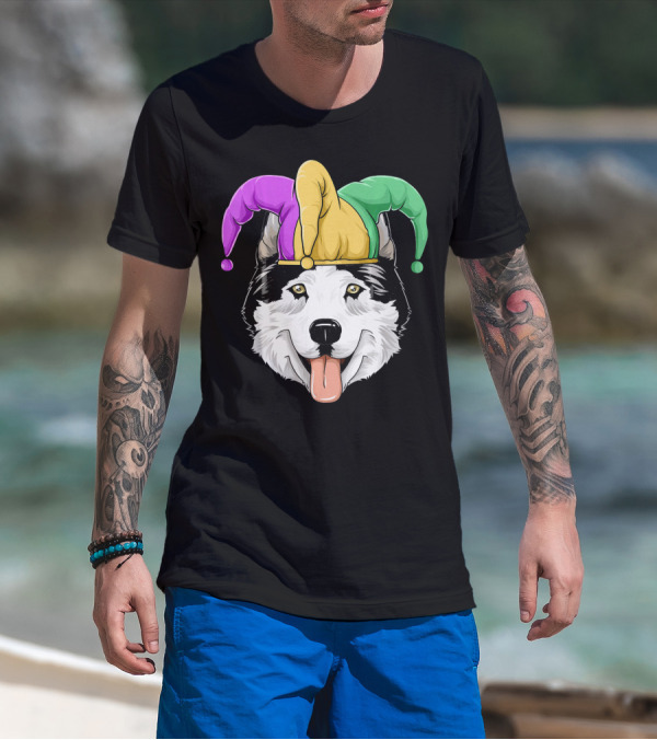 Mardi Gras Husky With Carnival Jester Hat T-Shirt