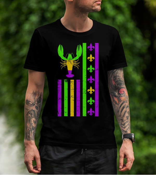 American Flag Mardi Gras Crawfish Fleur-de-Lis Stripes T-Shirt