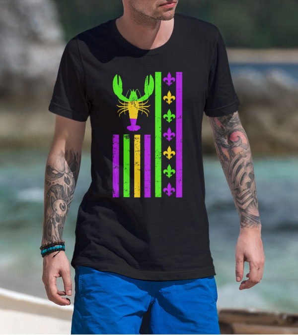 American Flag Mardi Gras Crawfish Fleur-de-Lis Stripes T-Shirt