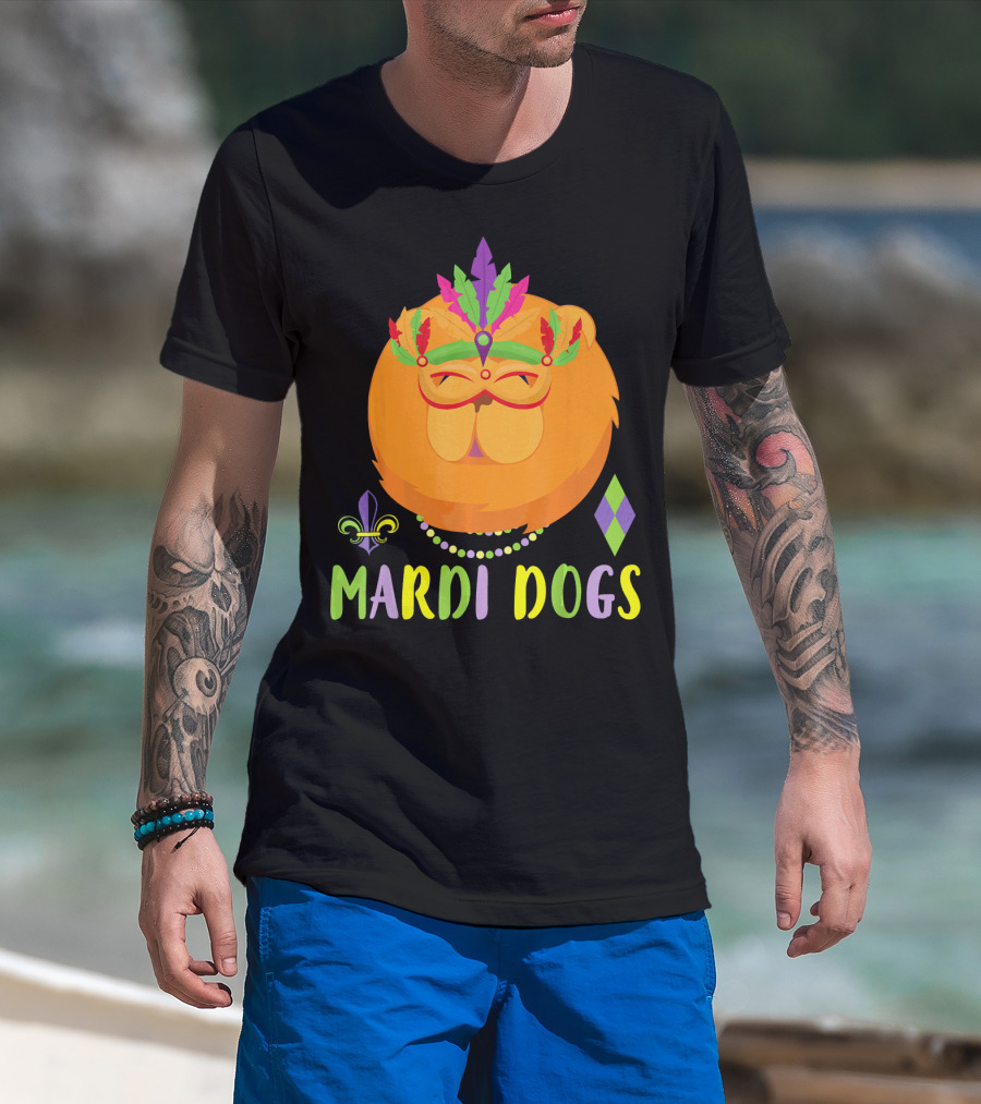 Mardi Dogs Chow Chow Costume With Beads And Mardi Gras Mask T-Shirt