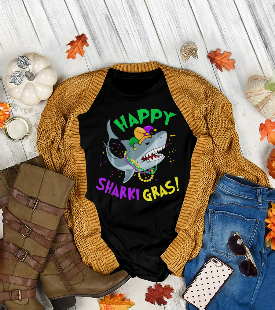 Happy Sharki Gras Mardi Gras Shark with Beads and Jester Hat T-Shirt
