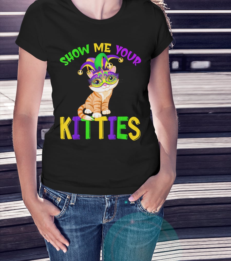 Show Me Your Kitties Cat Lover Jester Mask With Colorful Juggling Hat And Orange Tabby T-Shirt