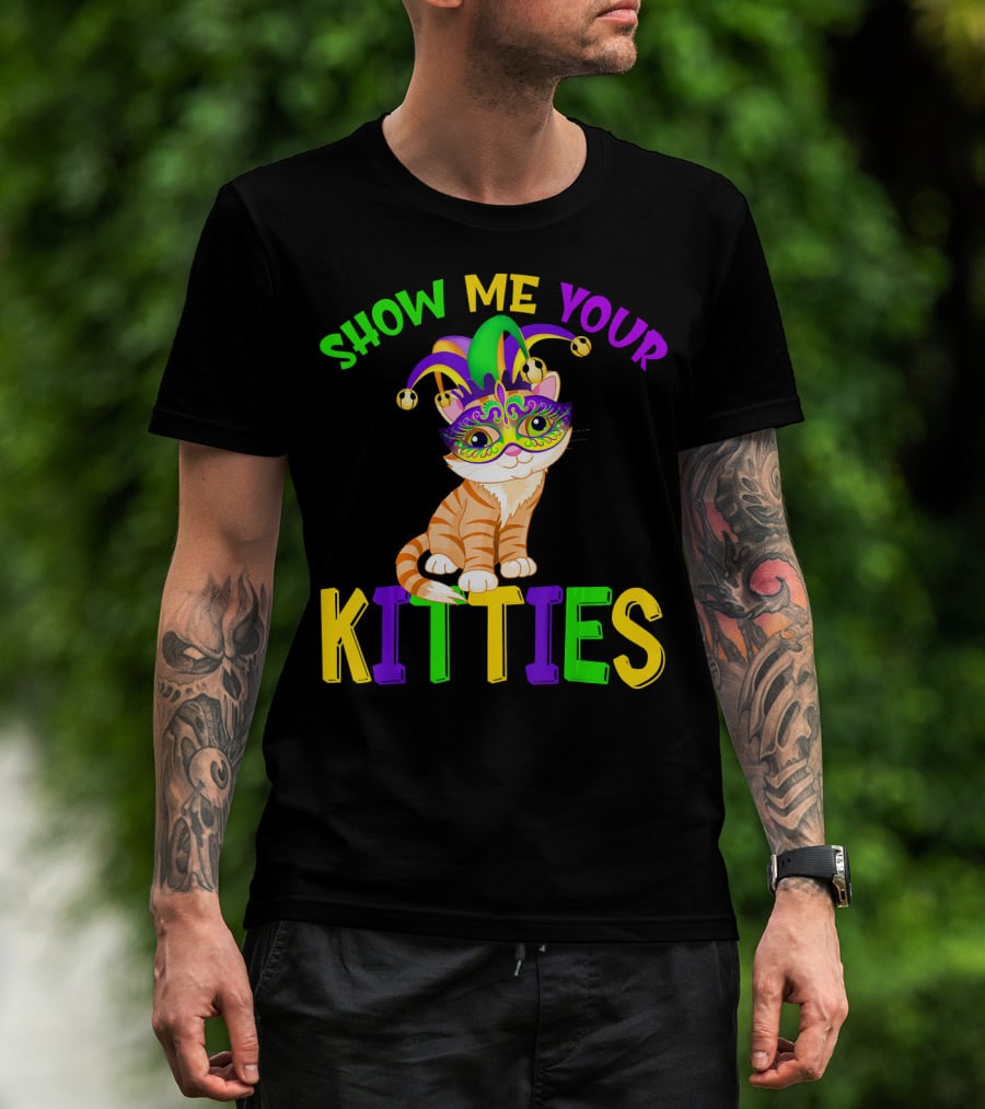 Show Me Your Kitties Cat Lover Jester Mask With Colorful Juggling Hat And Orange Tabby T-Shirt
