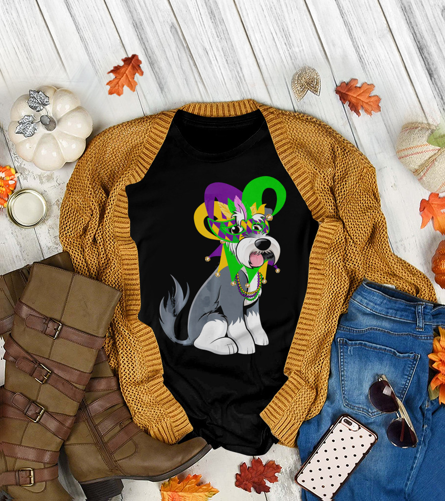 Mardi Gras Schnauzer Dog Mask Beads Feathers Fleur-De-Lis T-Shirt