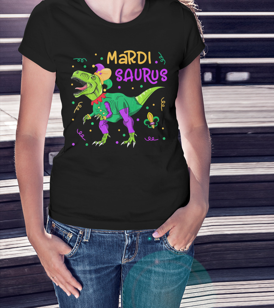 Mardisaurus Rex Dinosaur Mardi Gras Beads Jester Hat Fleur-de-Lis T-Shirt