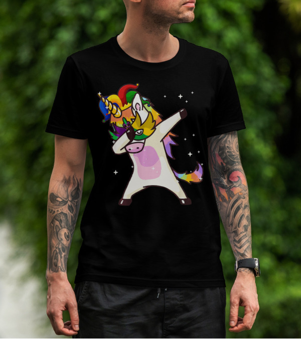 Mardi Gras Dabbing Unicorn Jester Mask Party T-Shirt