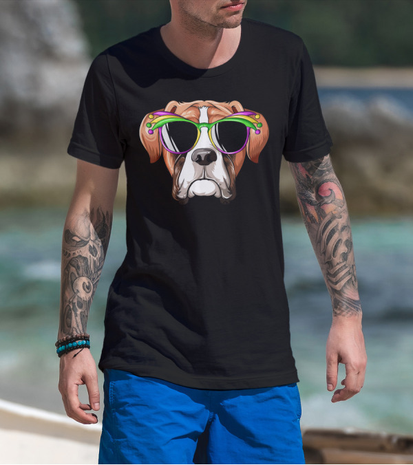 Boxer Dog Mardi Gras Jester Glasses Carnival Mask T-Shirt