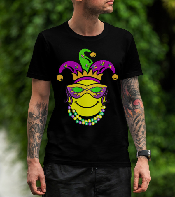 Mardi Gras Emoji Jester Mask Fleur-de-Lis Beads Funny Mardi Gras Lover T-Shirt