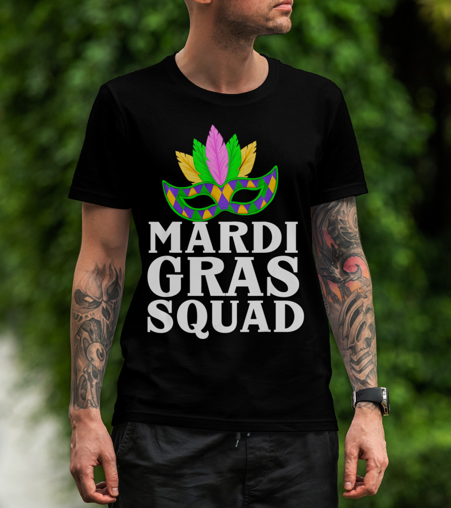 Mardi Gras Squad Colorful Mask And Feathers T-Shirt