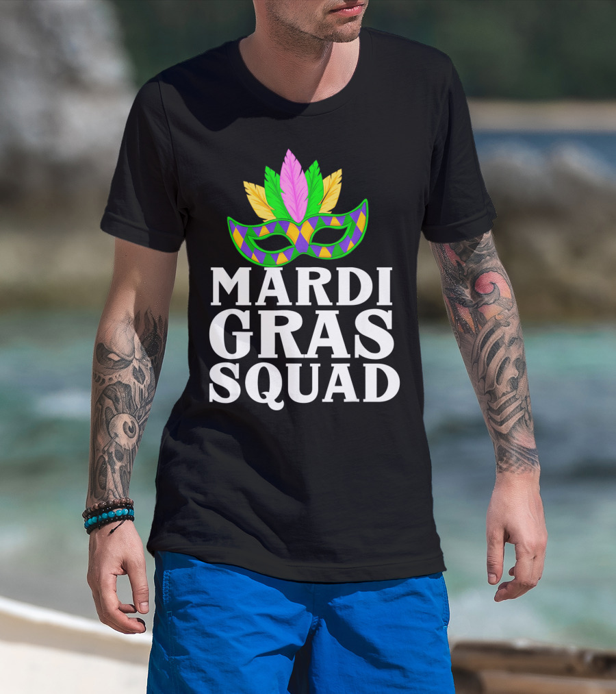 Mardi Gras Squad Colorful Mask And Feathers T-Shirt