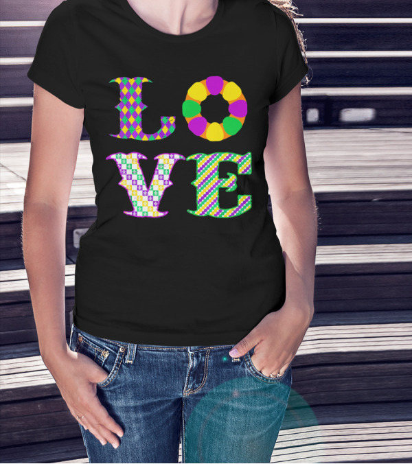Mardi Gras Love Harlequin Pattern New Orleans T-Shirt