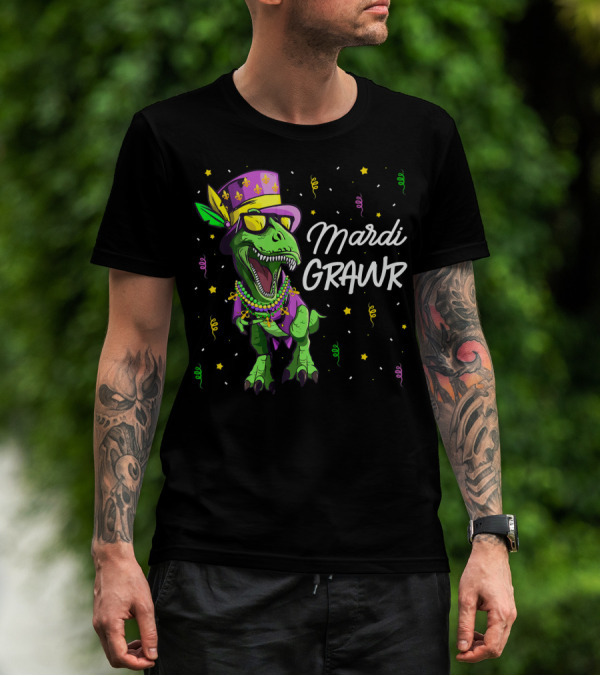 Mardi Grawr T-Rex Dinosaur Mardi Gras Beads And Hat T-Shirt