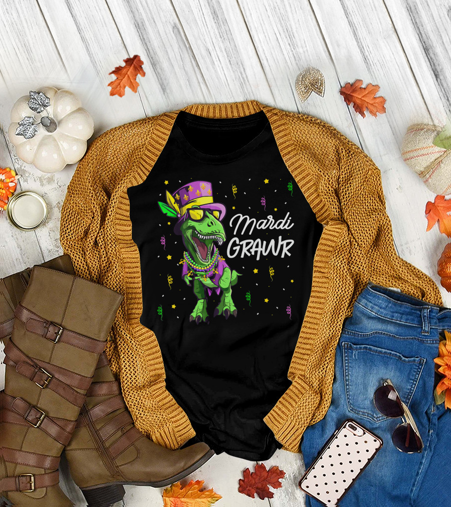 Mardi Grawr T-Rex Dinosaur Mardi Gras Beads and Hat T-Shirt