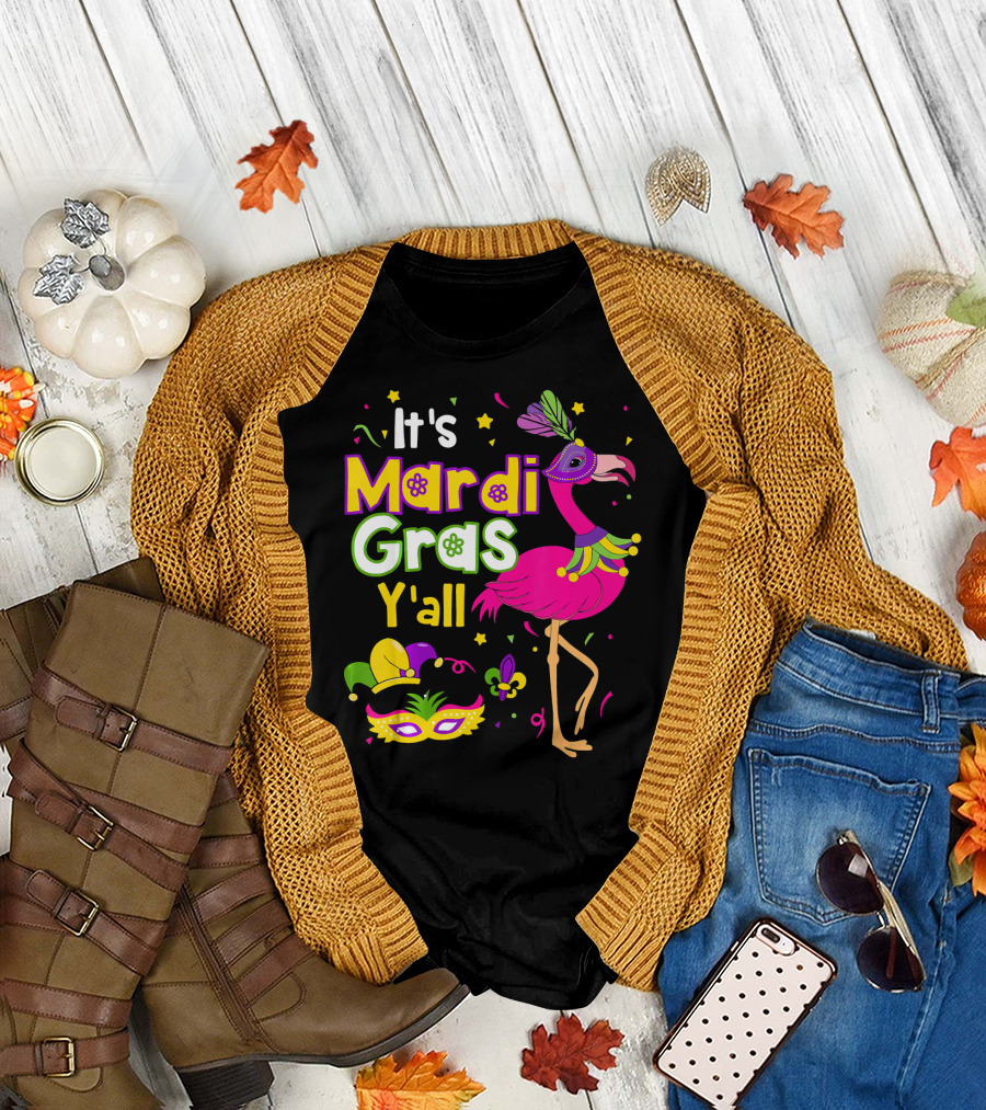 It's Mardi Gras Y'all Flamingo with Carnival Mask and Jester Hat T-Shirt