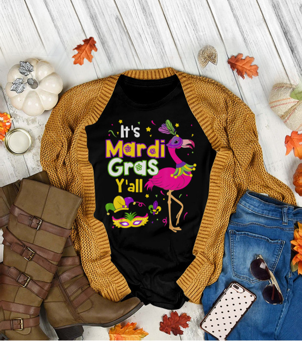 It's Mardi Gras Y'all Flamingo With Carnival Mask And Jester Hat T-Shirt