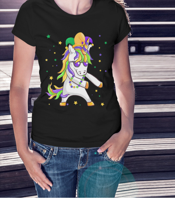 Flossing Unicorn With Mardi Gras Colors And Beads T-Shirt