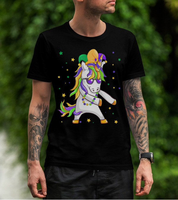 Flossing Unicorn With Mardi Gras Colors And Beads T-Shirt