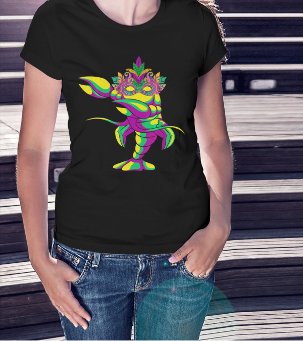 Dabbing Crawfish With Colorful Mardi Gras Mask And Feathers T-Shirt