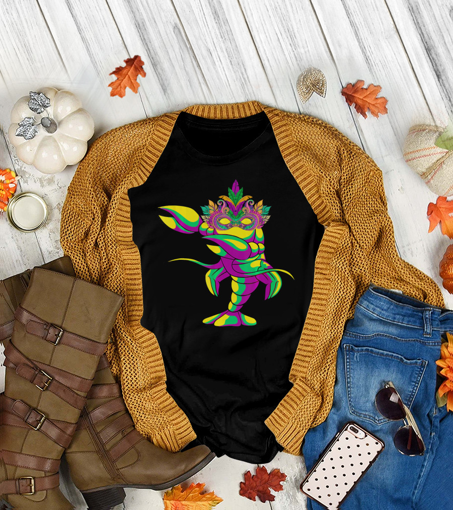 Dabbing Crawfish with Colorful Mardi Gras Mask and Feathers T-Shirt