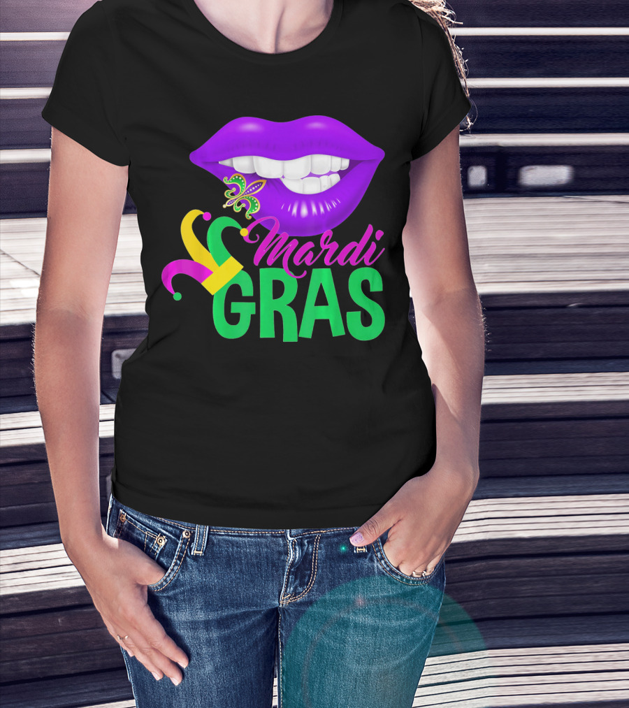 Mardi Gras Lips With Jester Hat And Fleur-de-Lis T-Shirt