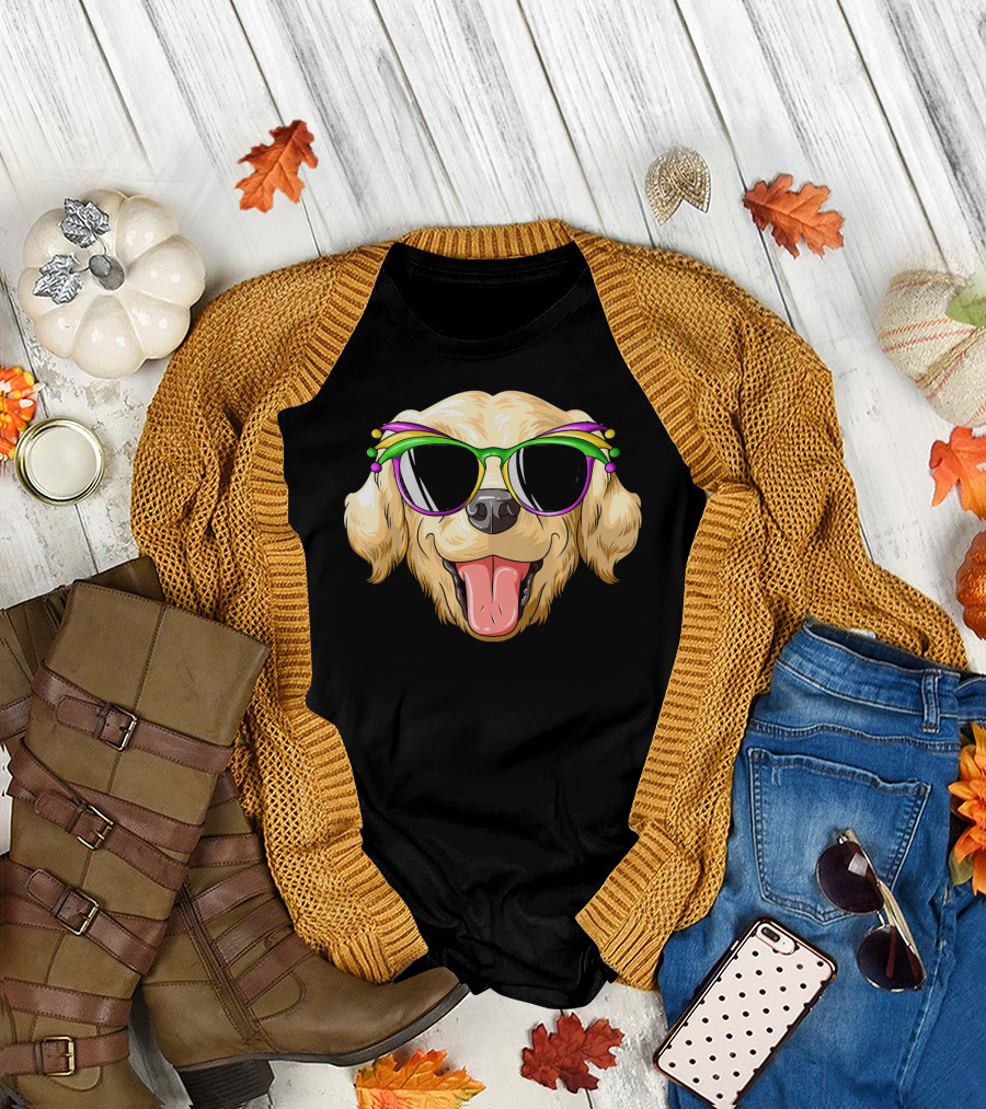 Golden Retriever Wearing Mardi Gras Carnival Jester Glasses T-Shirt