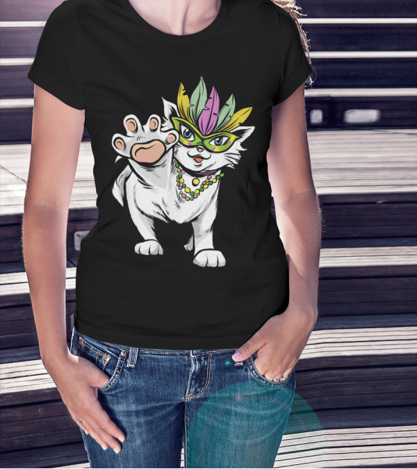 White Cat Mardi Gras Good Luck And Happiness T-Shirt