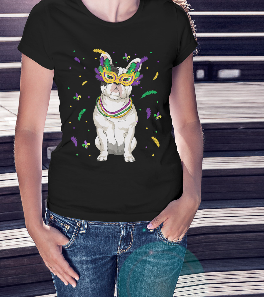 Mardi Gras French Bulldog Mask Beads Fleur-de-Lis Feathers T-Shirt