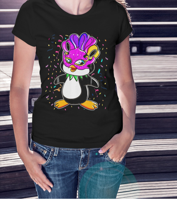 Penguin Mardi Gras Lover Funny Masquerade Festive Confetti T-Shirt
