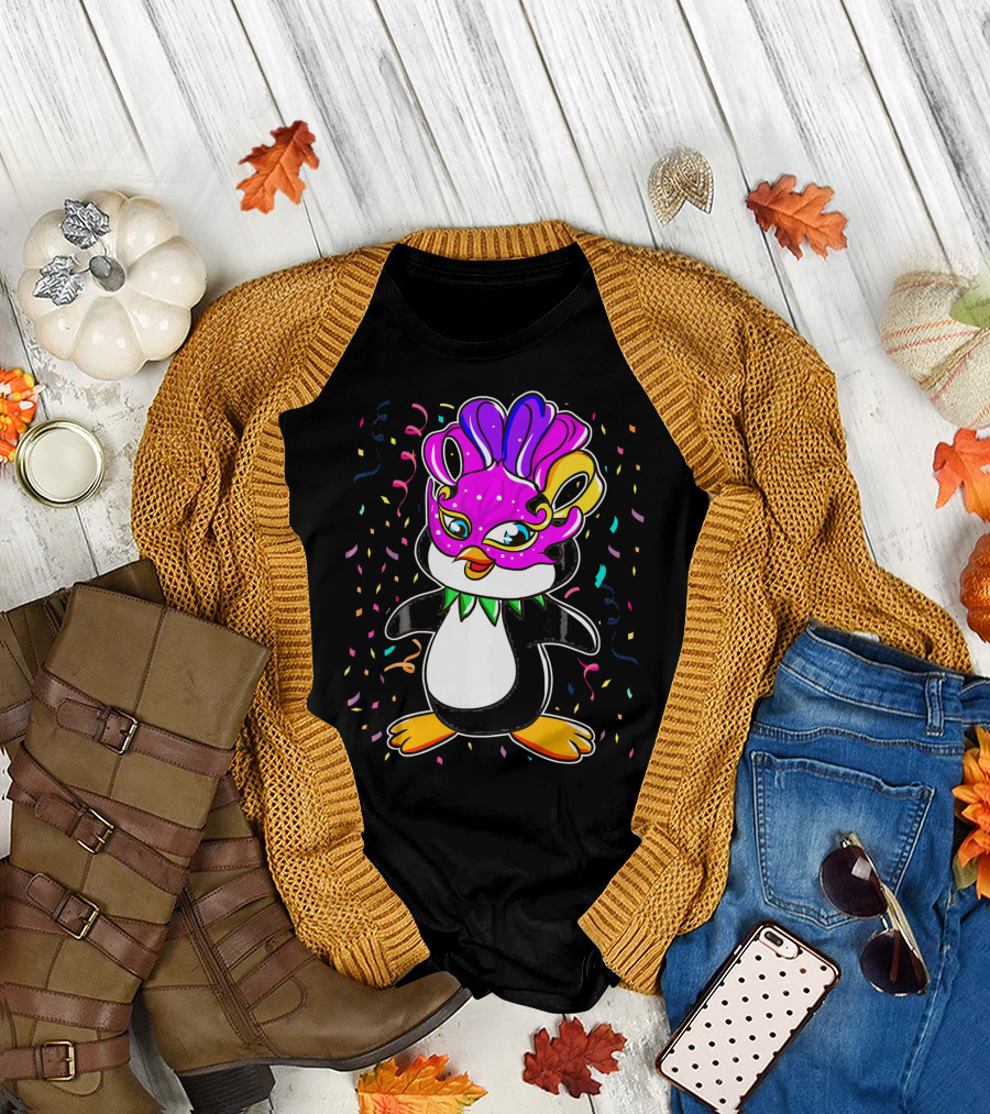 Penguin Mardi Gras Lover Funny Masquerade Festive Confetti T-Shirt