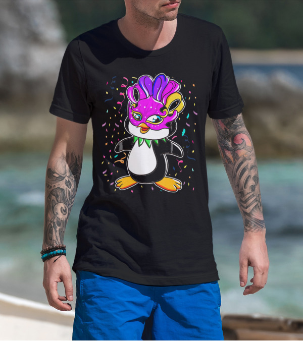 Penguin Mardi Gras Lover Funny Masquerade Festive Confetti T-Shirt