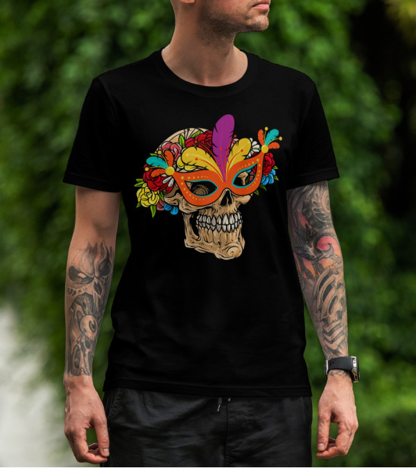 Mardi Gras Skull Mask With Colorful Floral Jester Hat T-Shirt